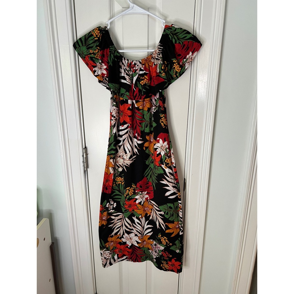 Emme Jordan Tropical Floral Off The Shoulder Midi Dress Black Red Green Small